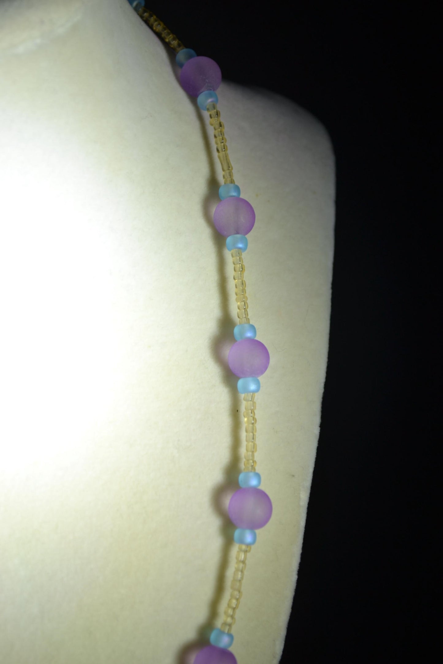 Multicolor glass bead necklace. Frosted purple, blue, and sand