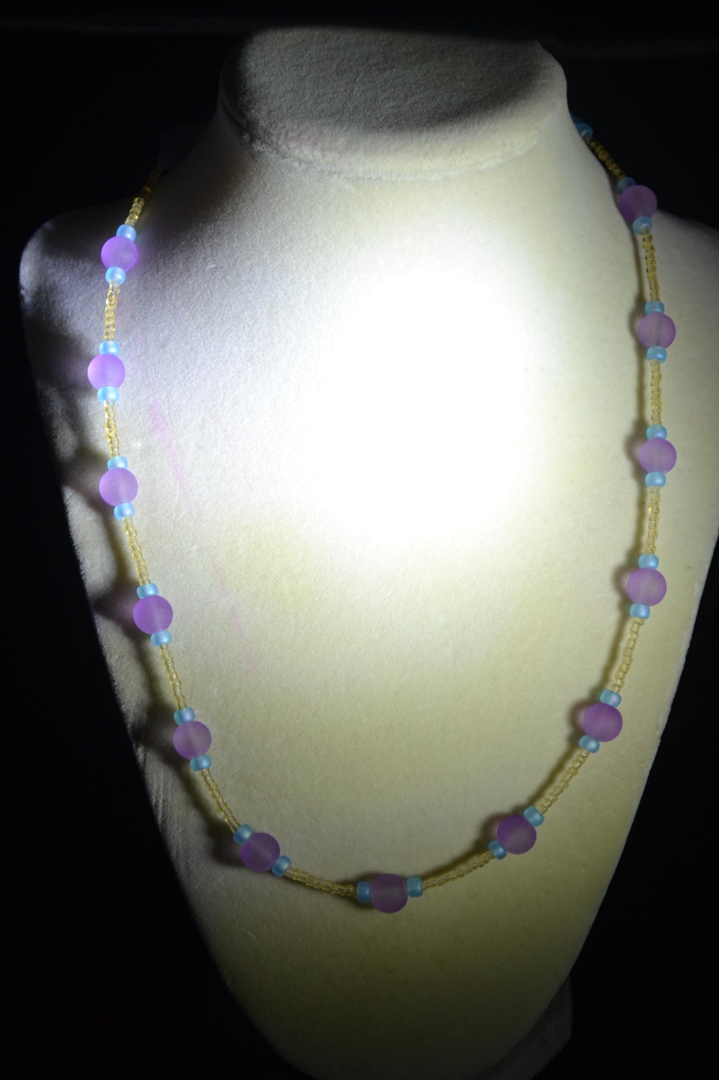 Multicolor glass bead necklace. Frosted purple, blue, and sand