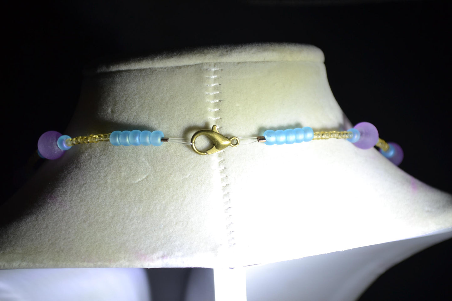 Multicolor glass bead necklace. Frosted purple, blue, and sand