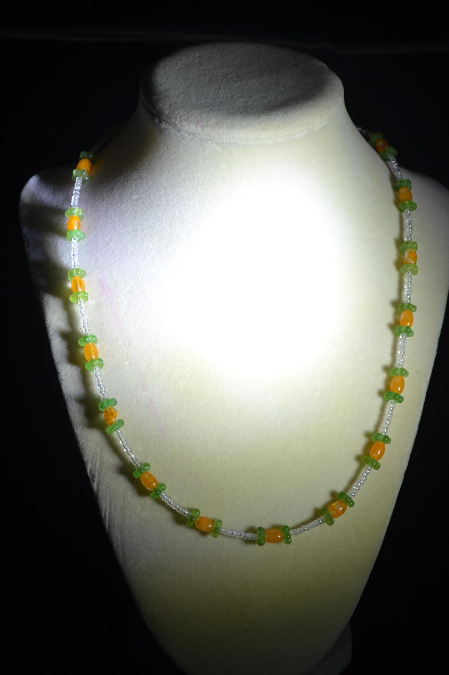 Multicolor glass bead necklace. Tangerine and jade