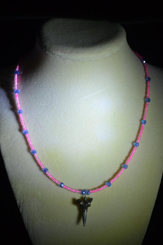Wire wrapped sharks tooth beaded necklace. Blue and pink
