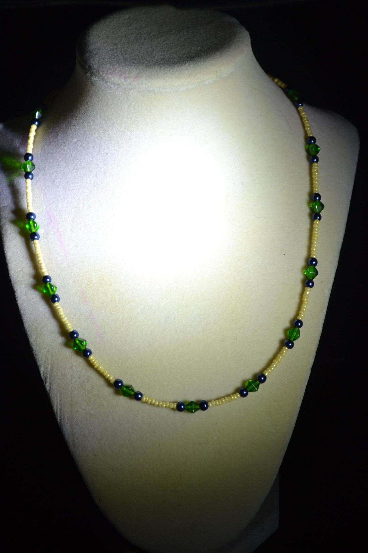 Multicolor glass bead necklace. Yellow, green, and gunmetal