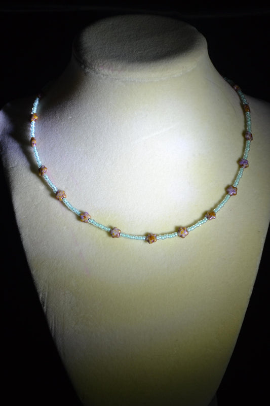 Multicolor glass bead necklace. Aqua and Picasso stars
