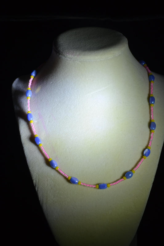 Multicolor glass bead necklace. Periwinkle, yellow, and pink