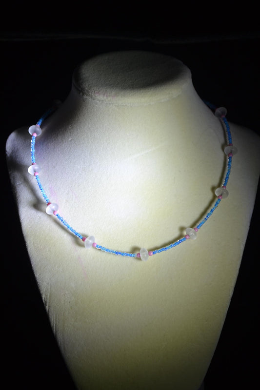 Multicolor glass bead necklace. Blue, clear, and pink