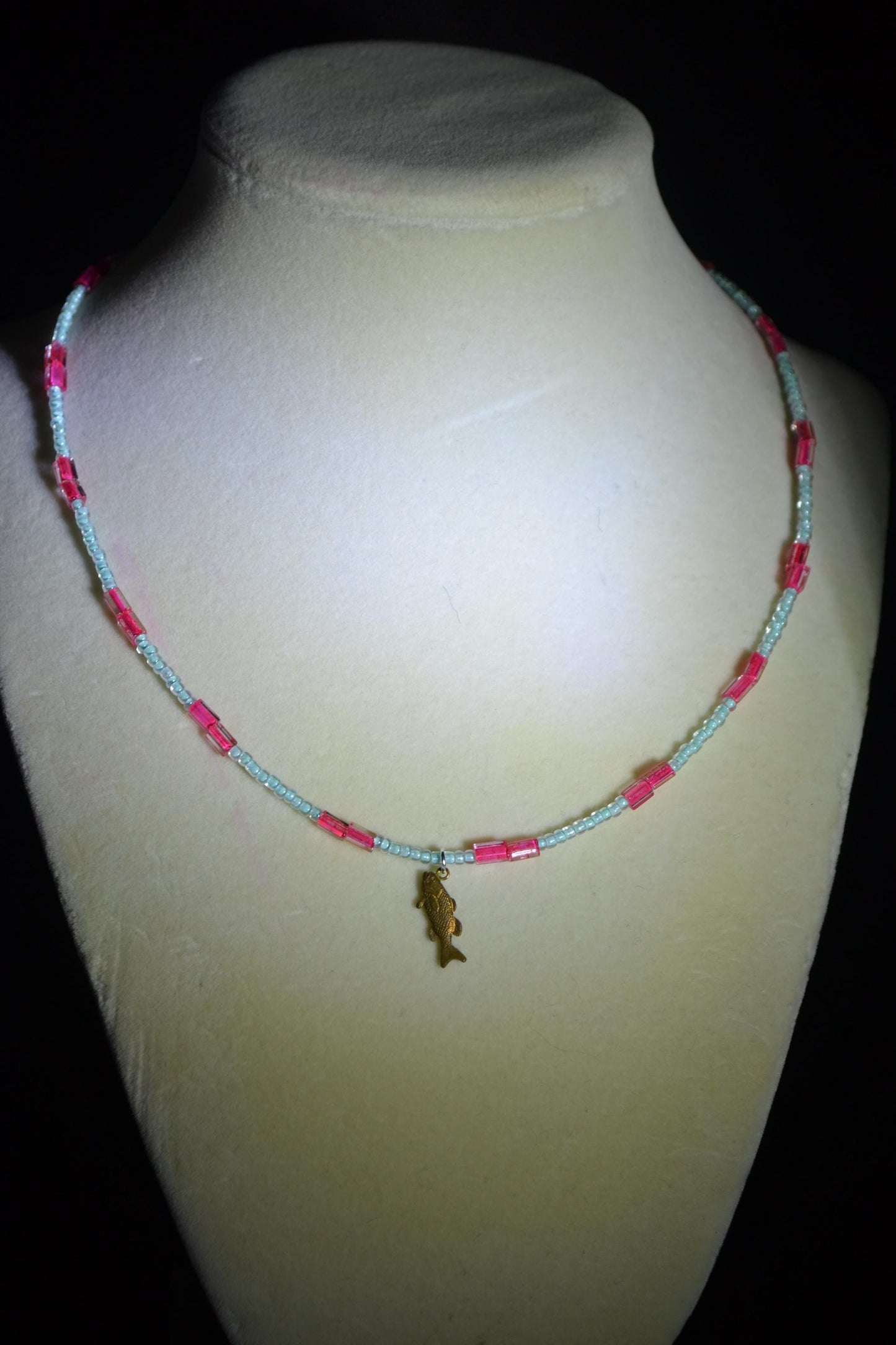 Brass fish pendant glass bead necklace