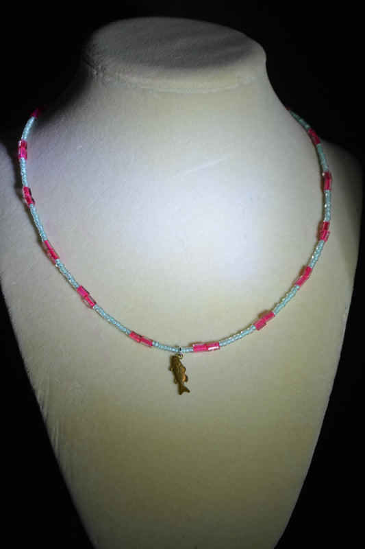 Brass fish pendant glass bead necklace