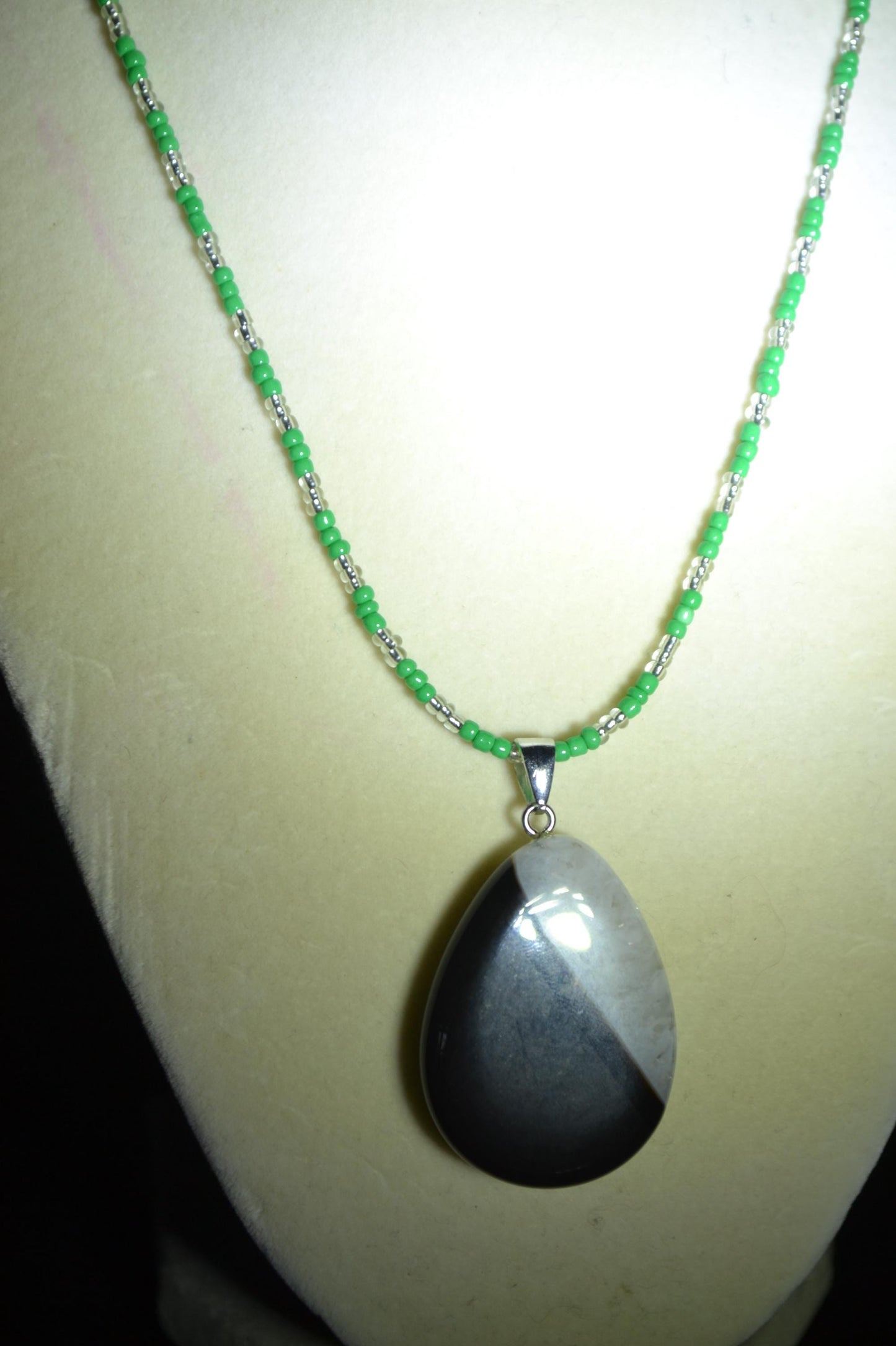 Black Agate/Crystal Quartz pendant glass bead necklace