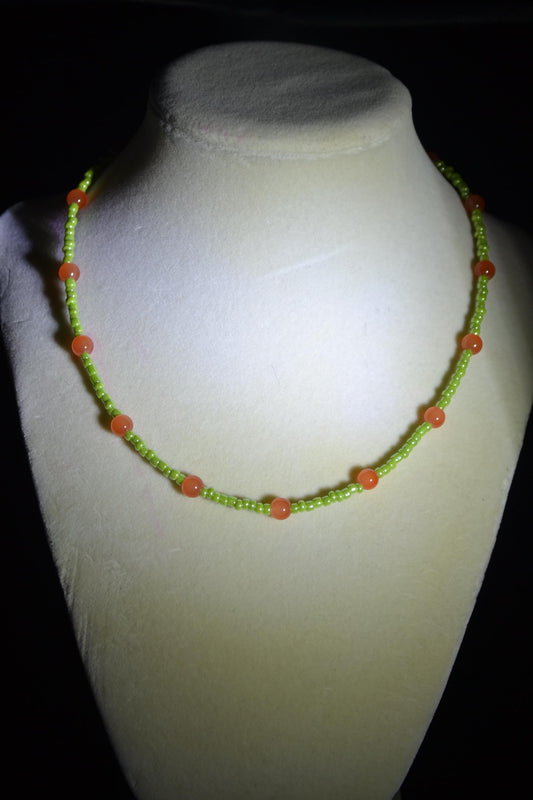 Multicolor glass bead necklace. Tangerine and lime