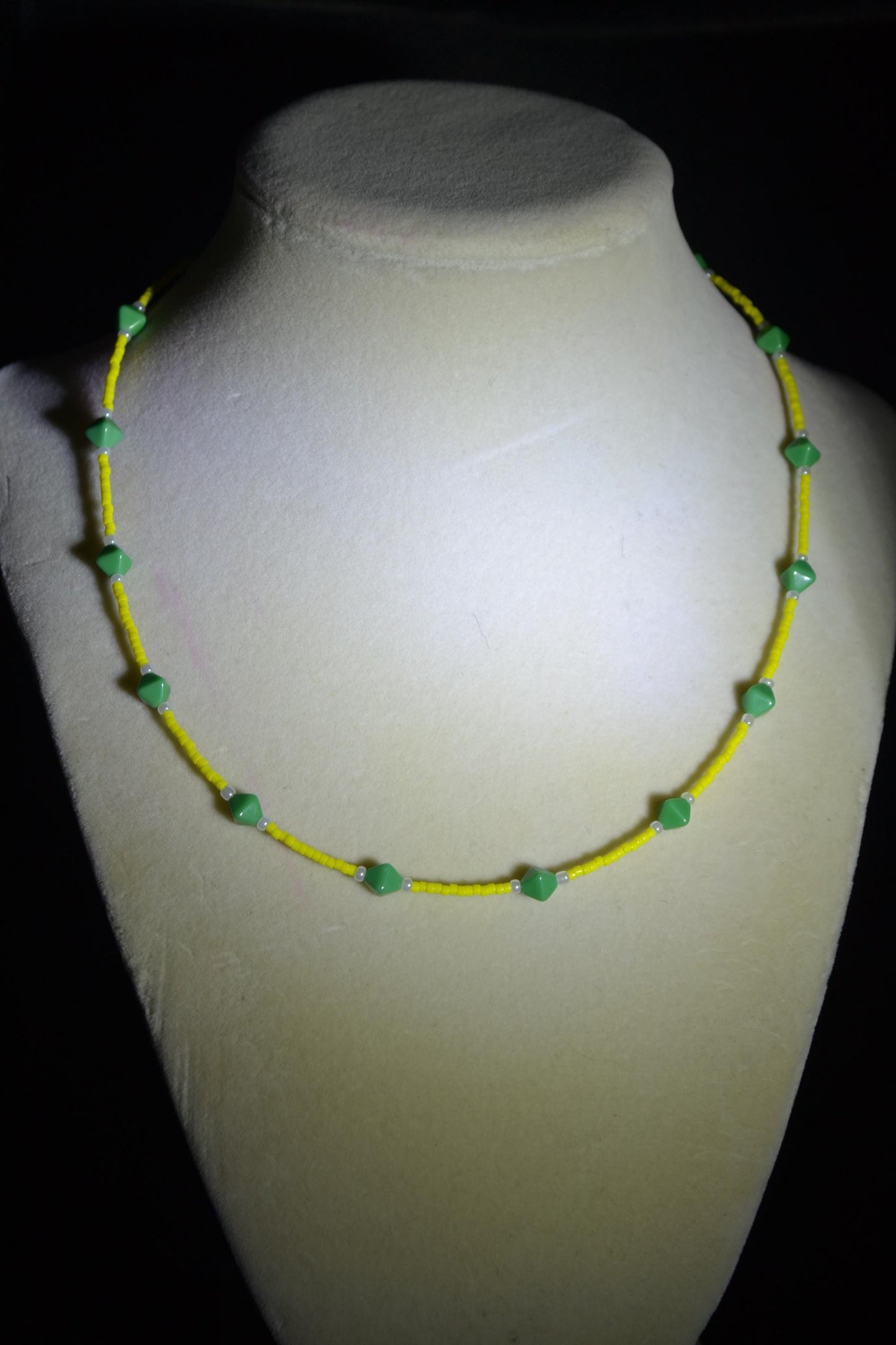 Multicolor glass bead necklace. Green, yellow, and pearl
