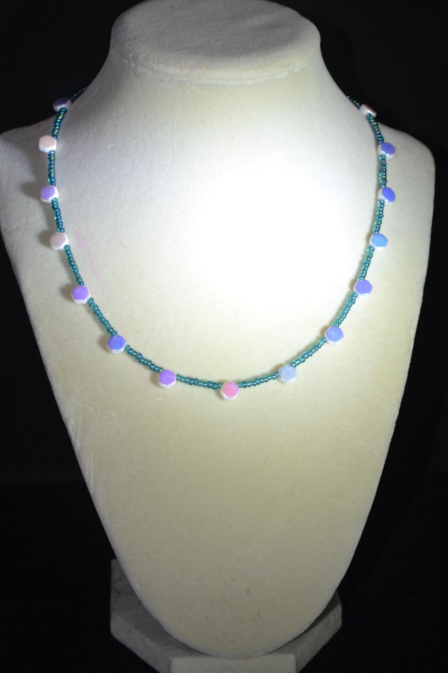 Multicolor glass bead necklace. Blue and iridescent white. Reversible