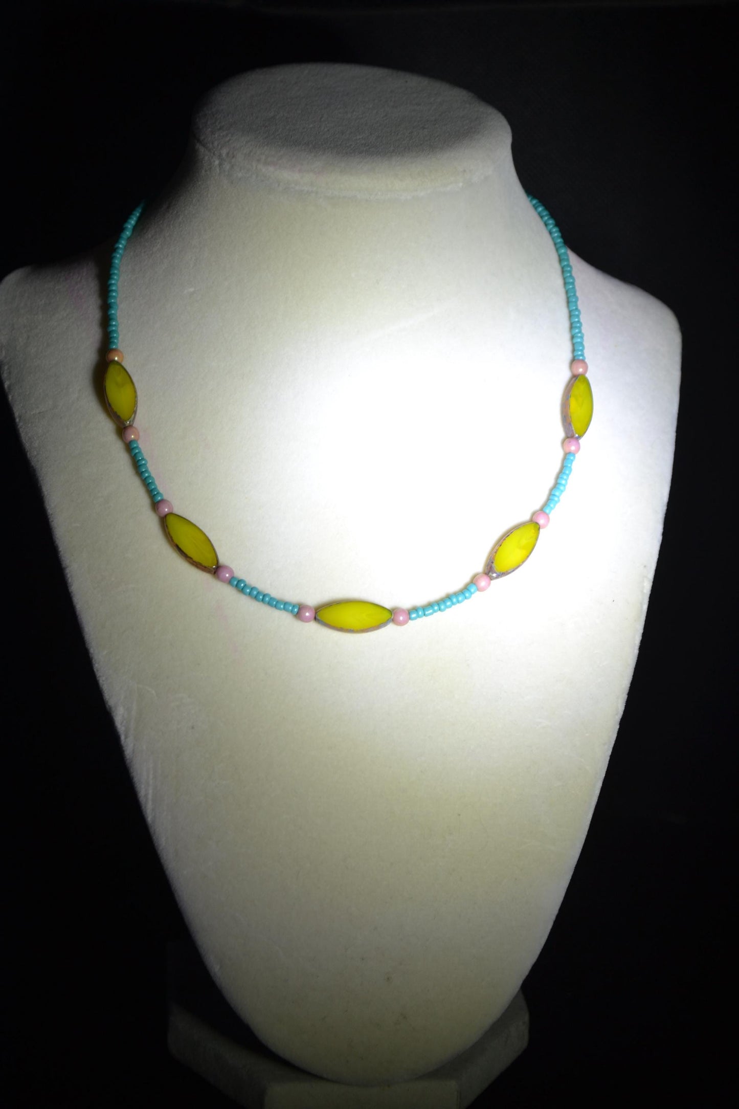 Multicolor glass bead necklace. Aqua, lemon, and rose