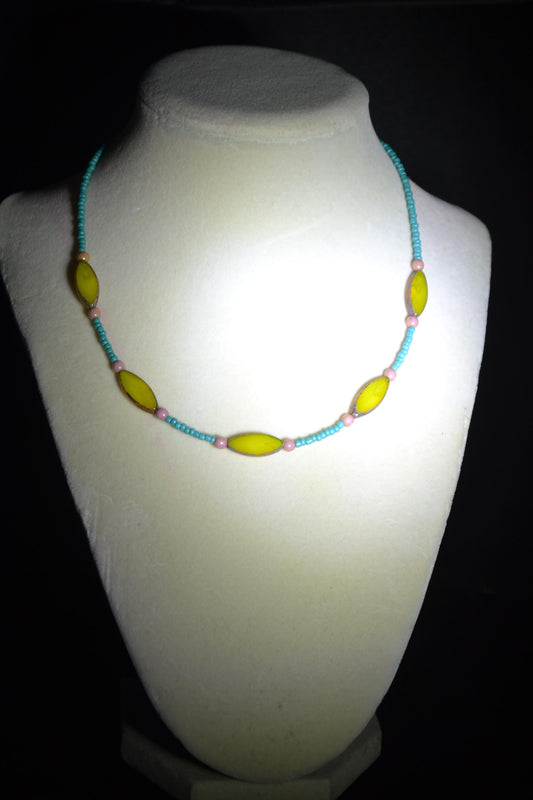 Multicolor glass bead necklace. Aqua, lemon, and rose
