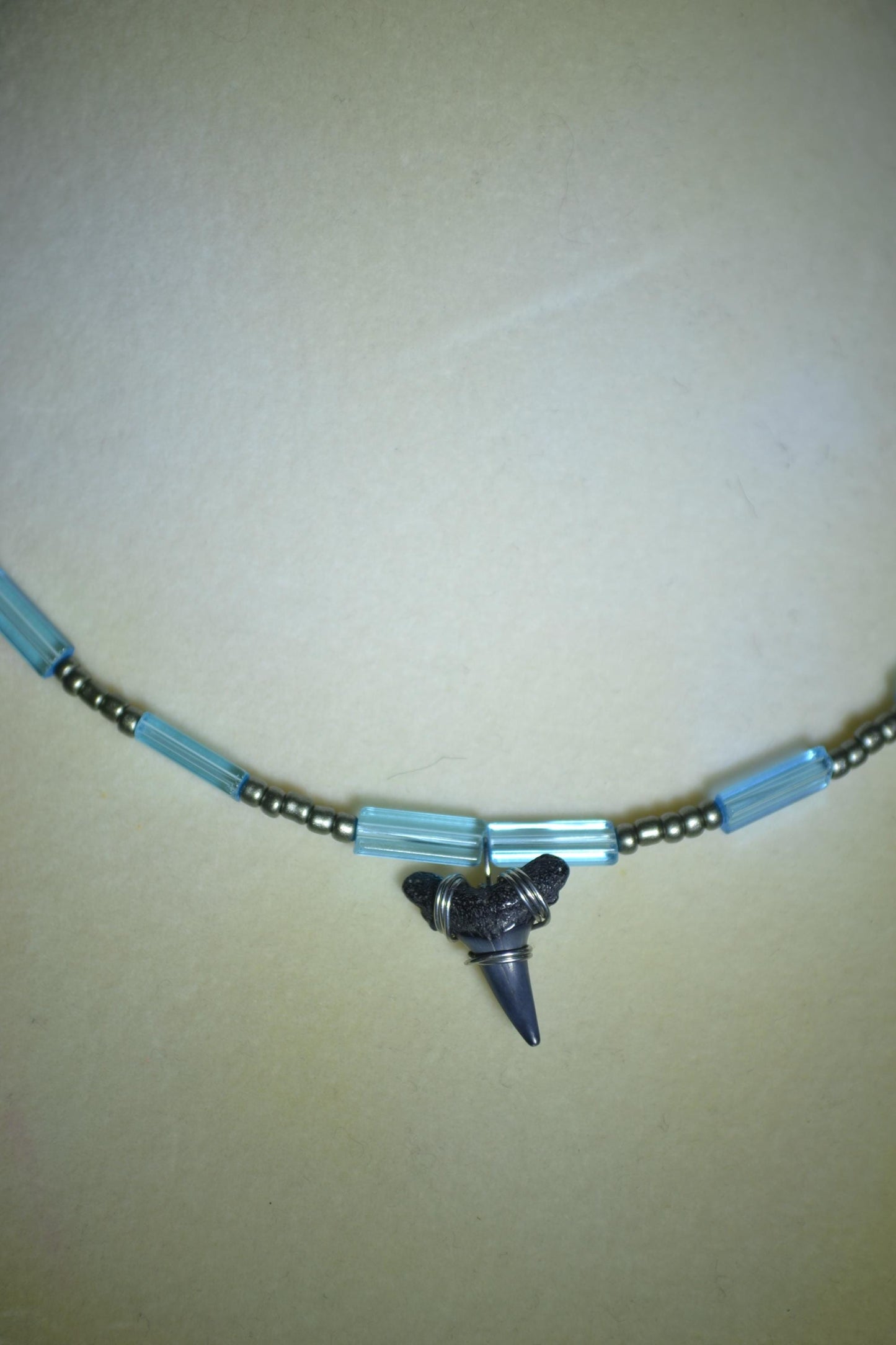 Wire wrapped sharks tooth beaded choker. Blue and silver