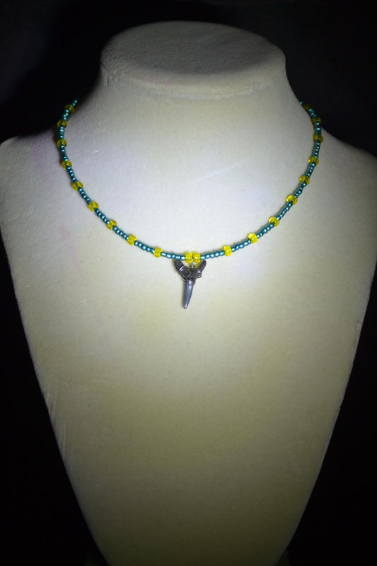 Wire wrapped sharks tooth beaded choker. Metallic blue and yellow