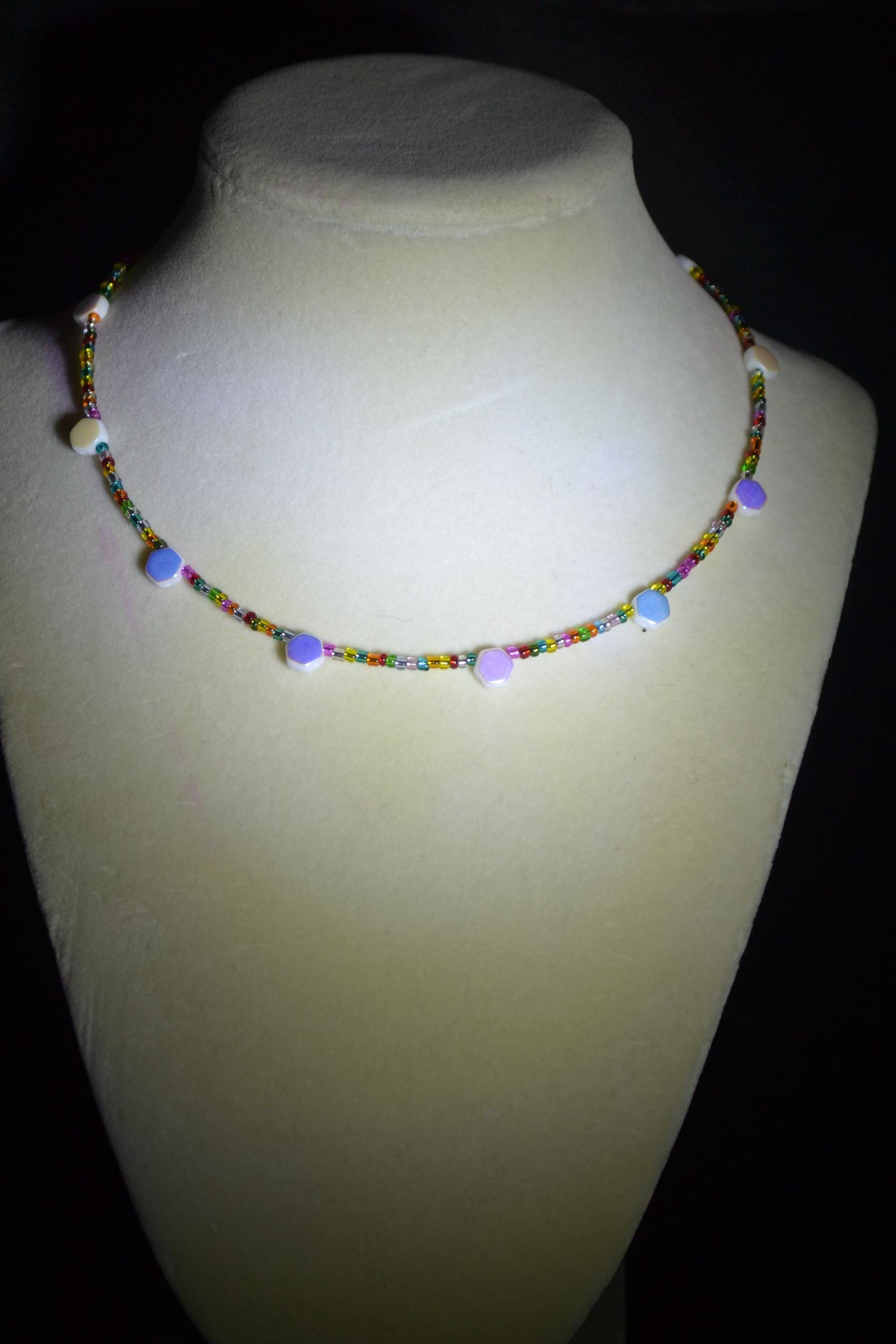 Multicolor glass bead necklace. Reversible rainbow