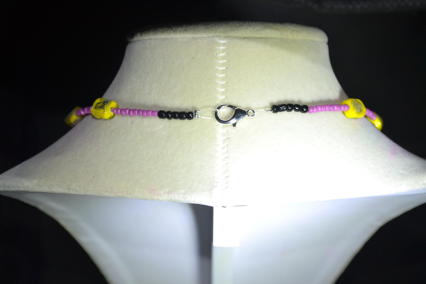 Multicolor glass bead necklace. Yellow, silver, and berry