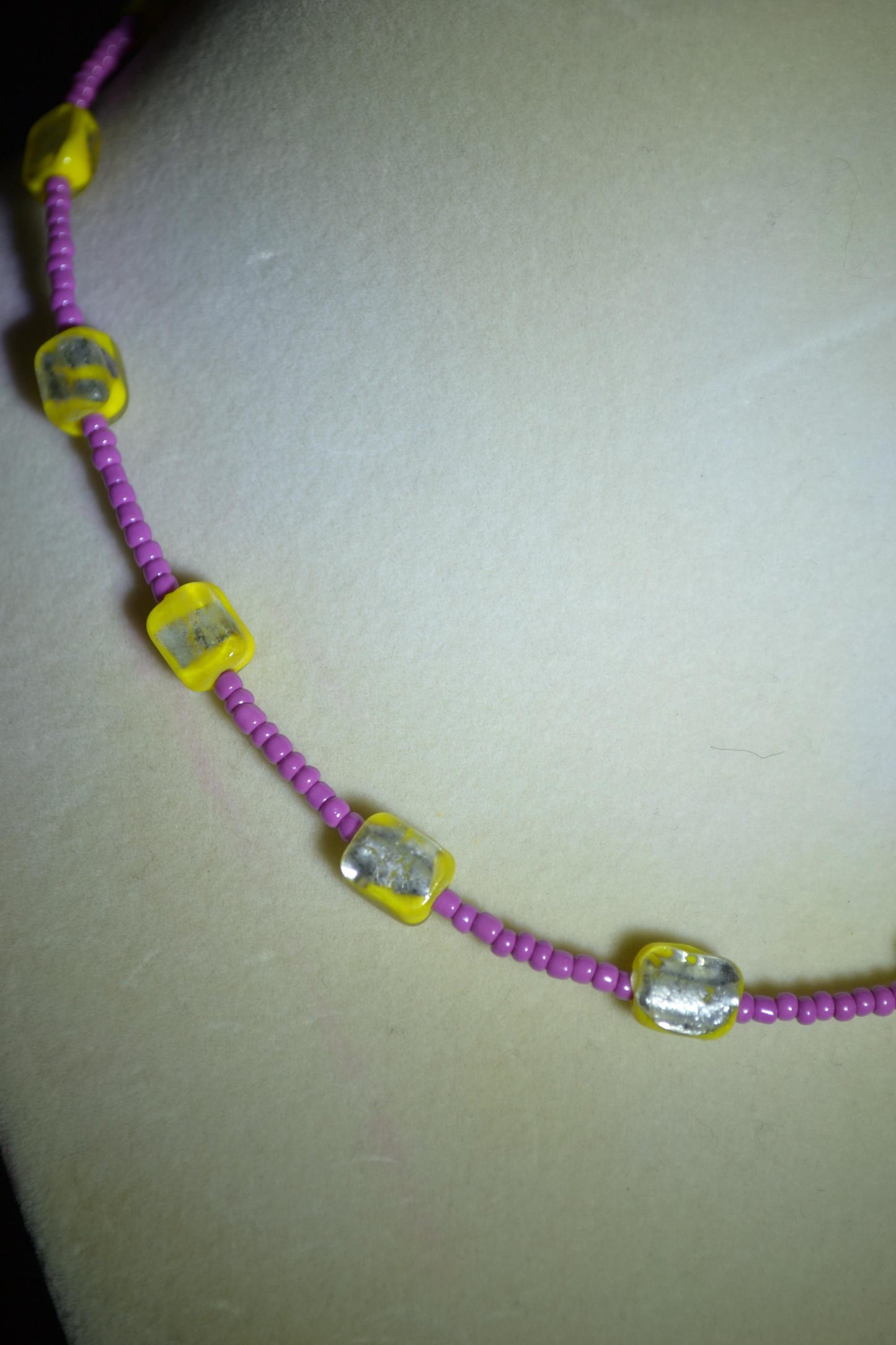 Multicolor glass bead necklace. Yellow, silver, and berry