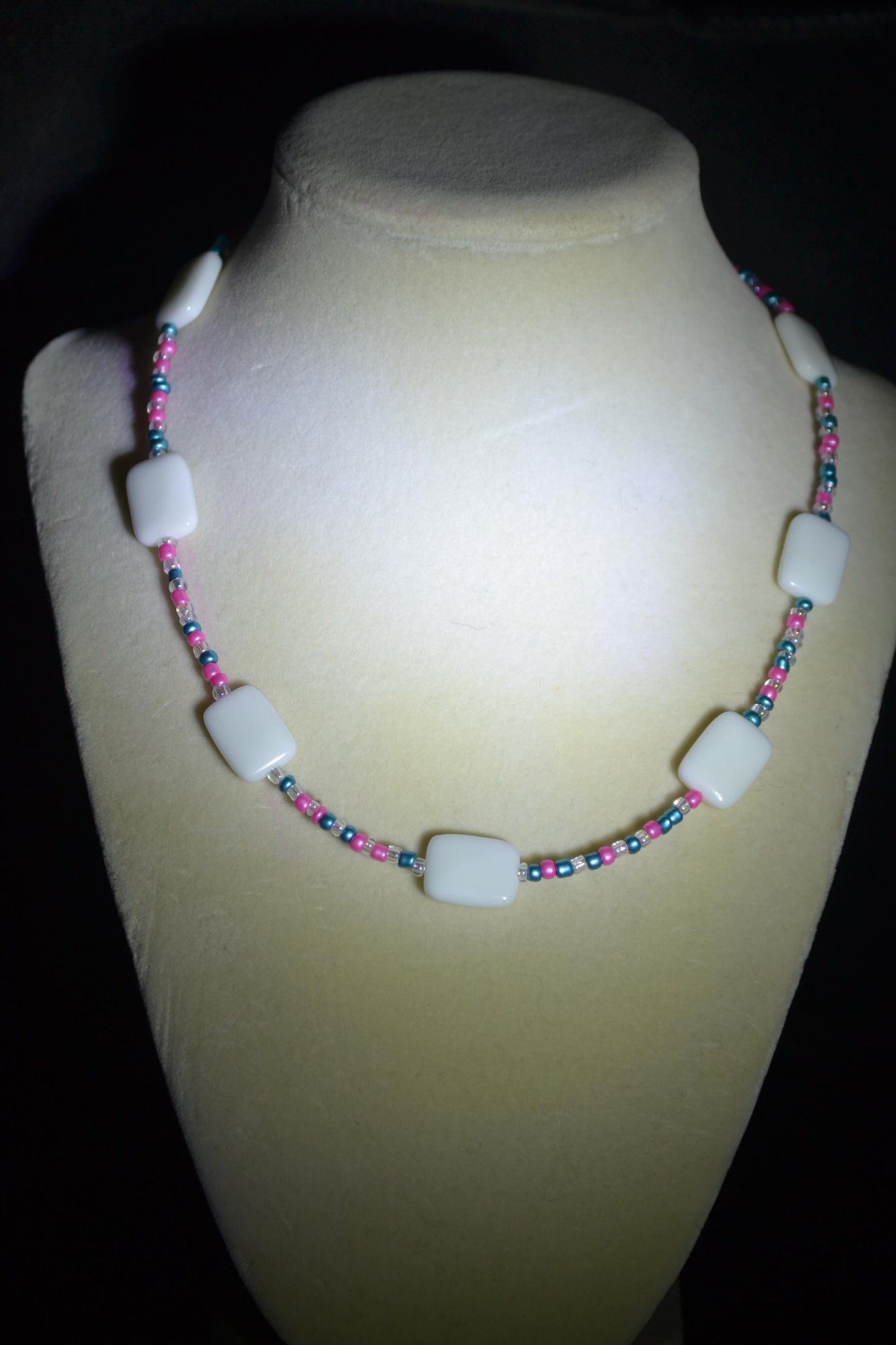 Multicolor glass bead necklace. Pink, blue, and white