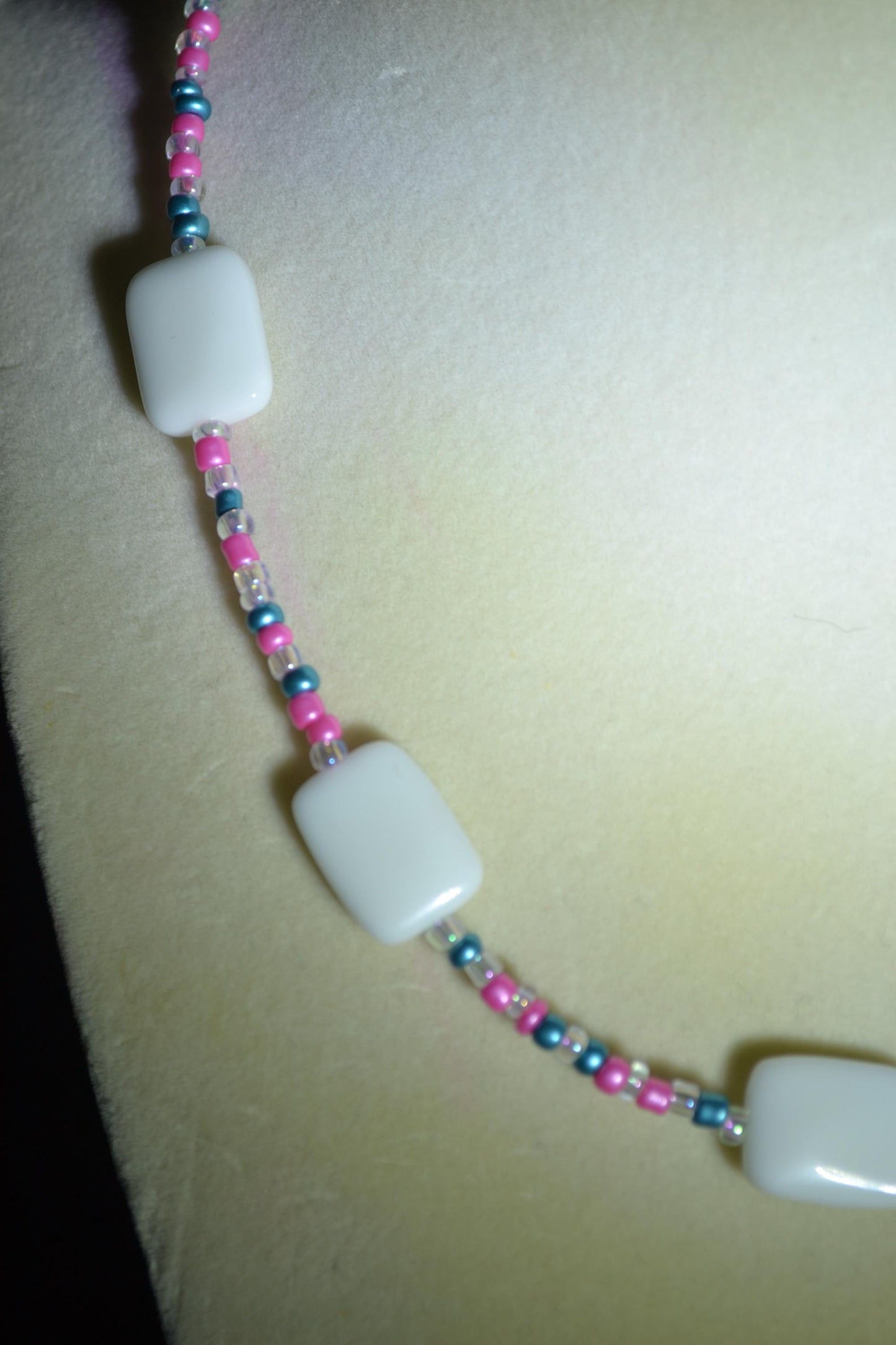 Multicolor glass bead necklace. Pink, blue, and white