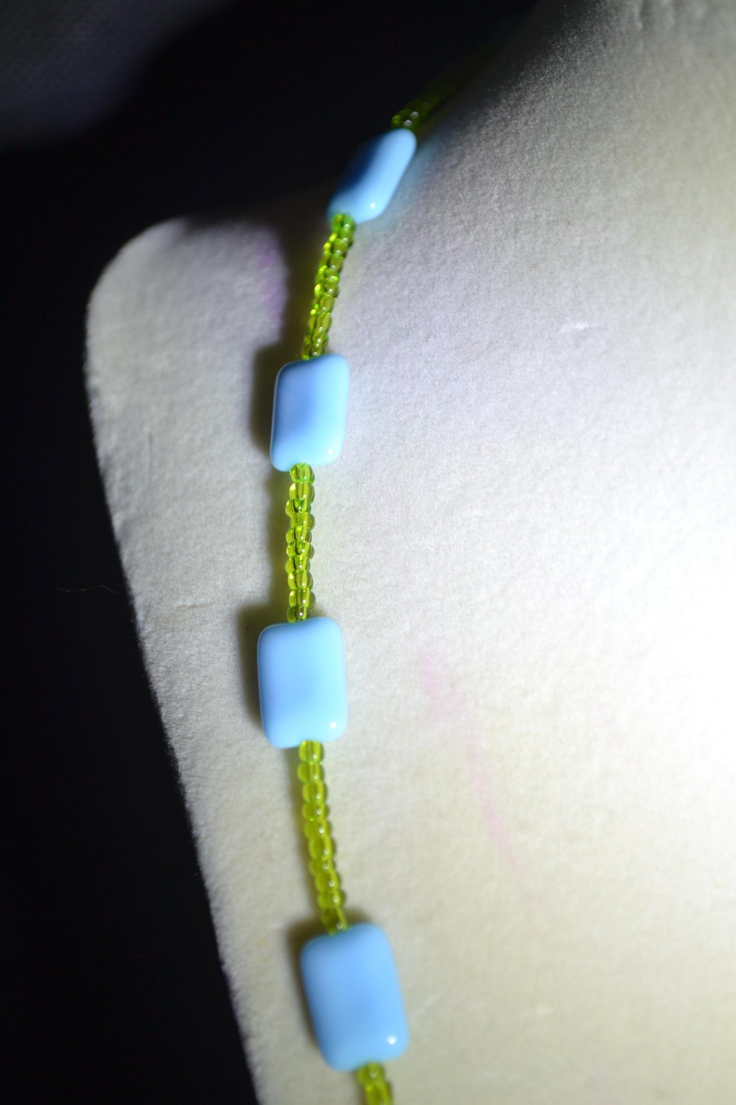 Multicolor glass bead necklace. Sky blue and green