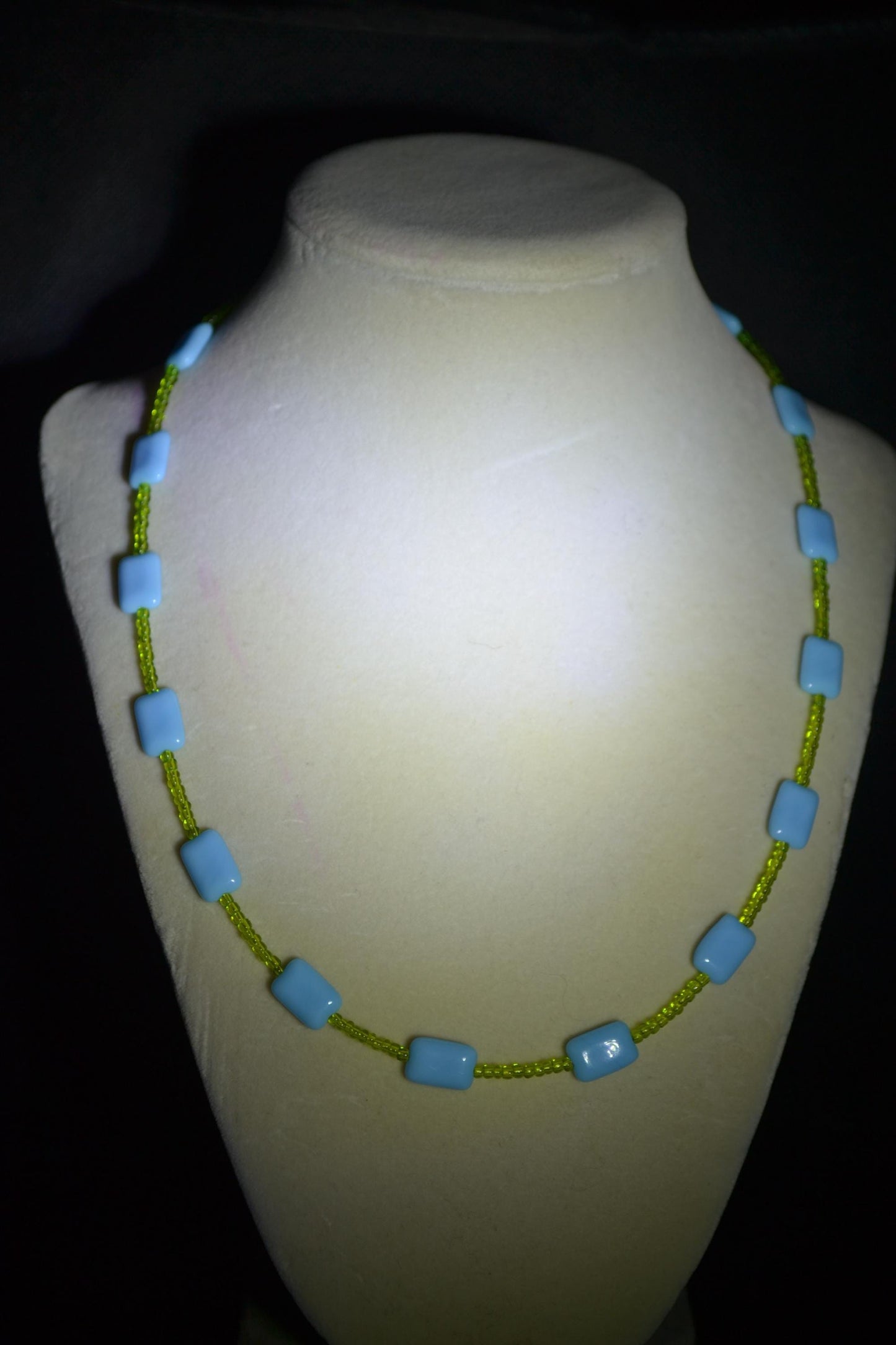 Multicolor glass bead necklace. Sky blue and green