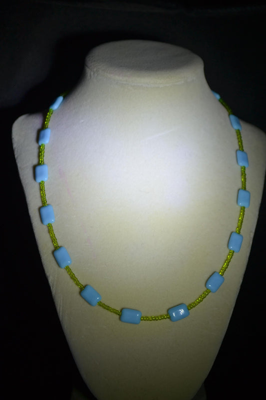 Multicolor glass bead necklace. Sky blue and green