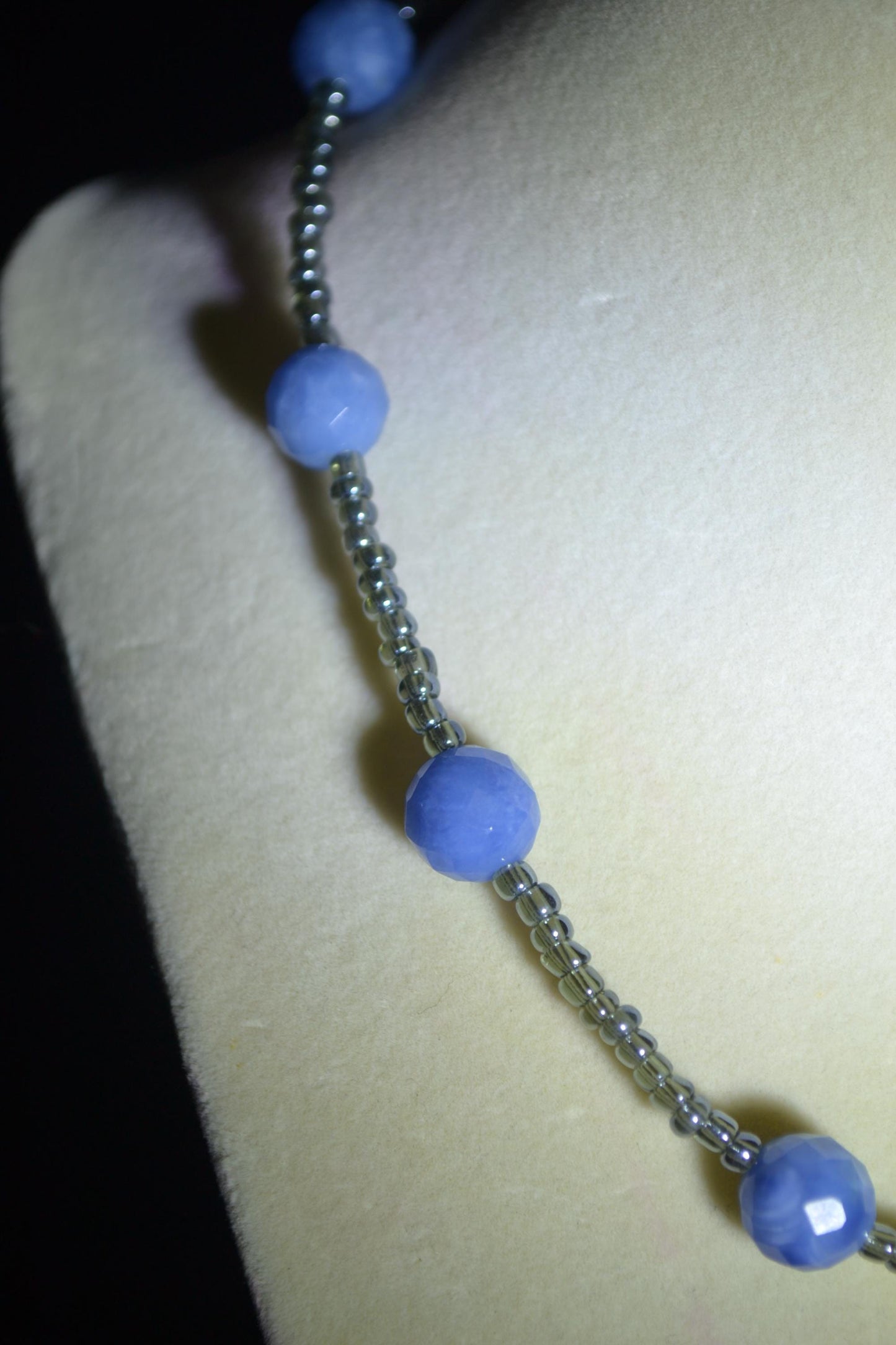 Multicolor glass bead necklace. Blue and metallic grey