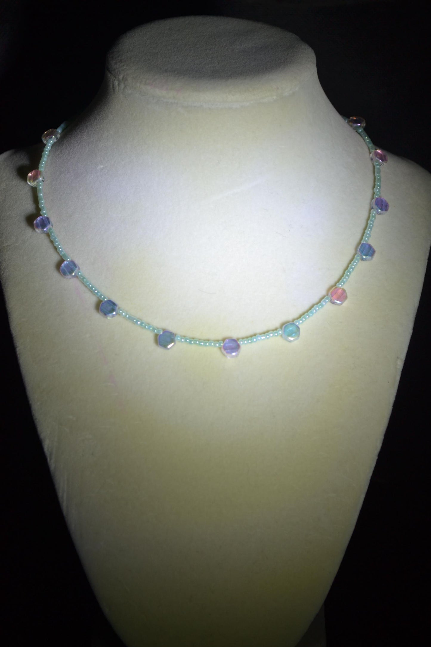 Multicolor glass bead necklace. Iridescent blue