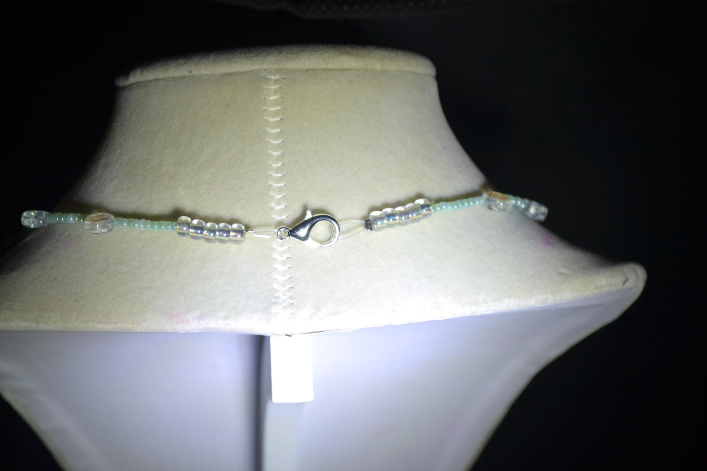 Multicolor glass bead necklace. Iridescent blue