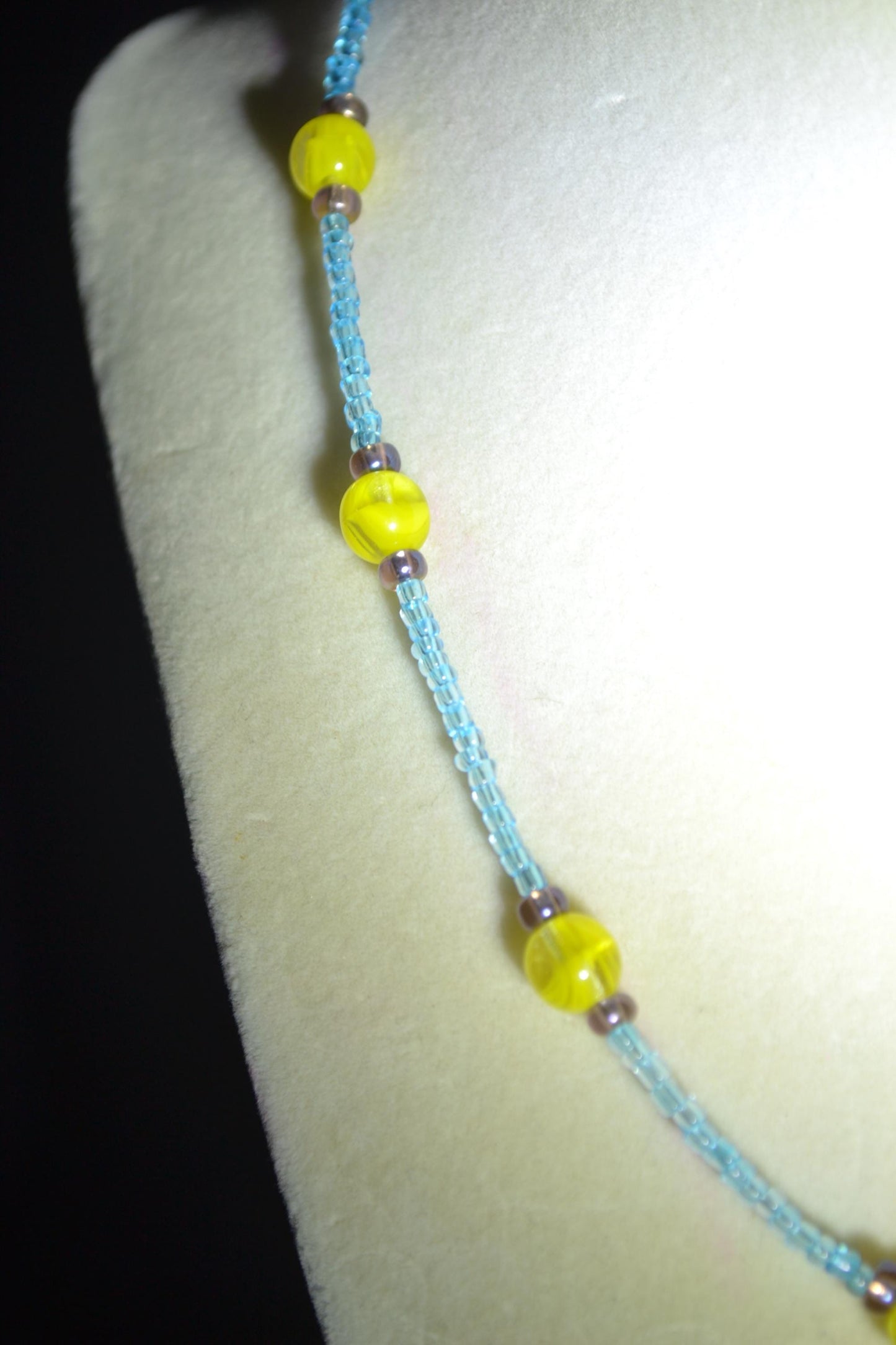 Multicolor glass bead necklace. Yellow, blue, and purple