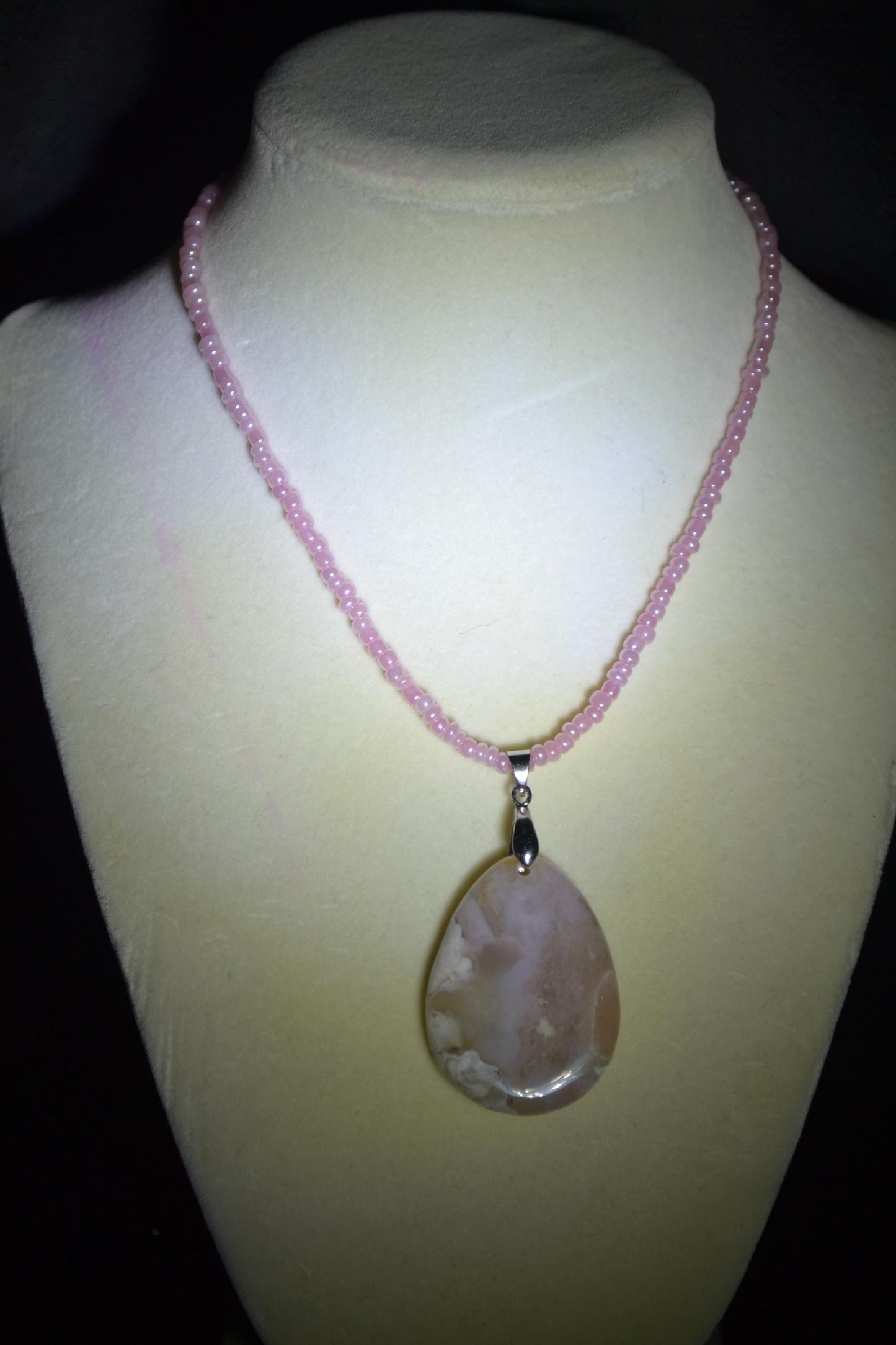 Cherry agate pendant glass bead necklace. Pink