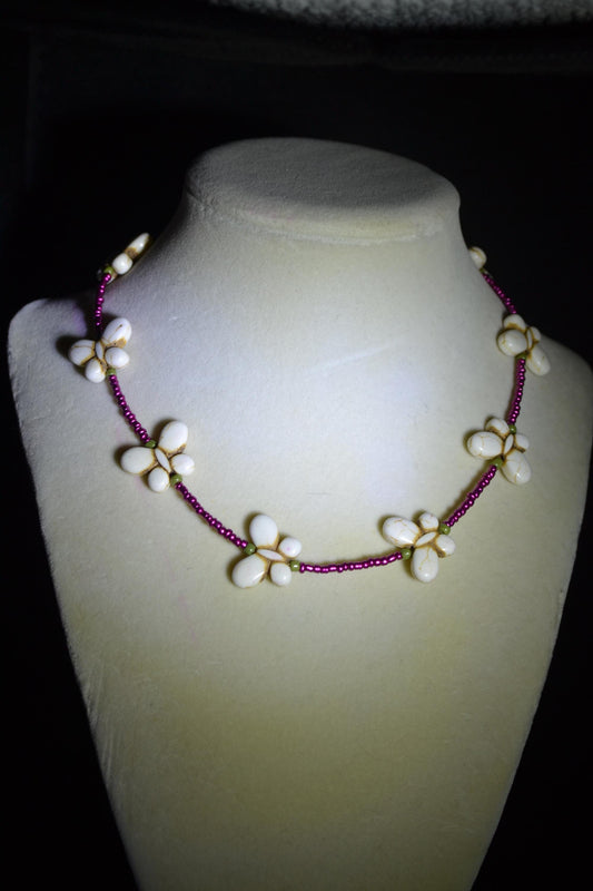 Beaded Butterfly Choker. White, pink, and olive