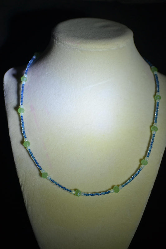 Multicolor glass bead necklace. Navy, opal, and green