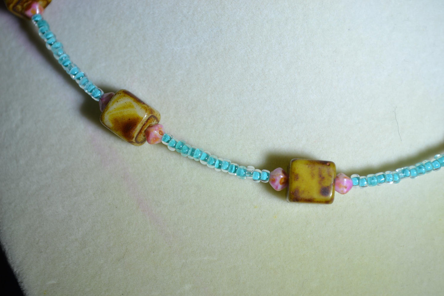 Multicolor glass bead choker. Brown, Aqua, and pink