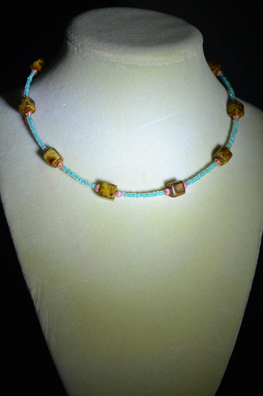 Multicolor glass bead choker. Brown, Aqua, and pink