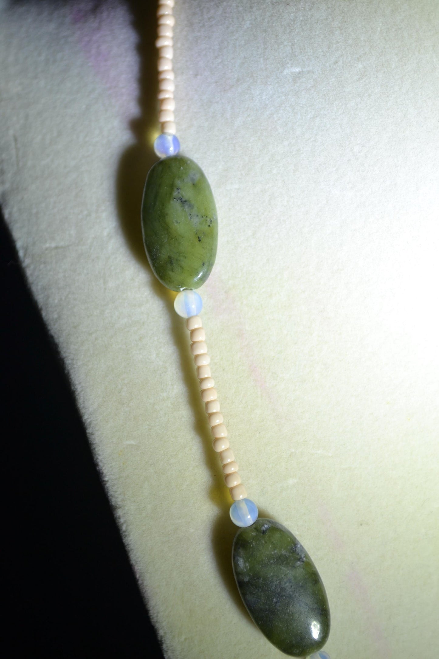 Multicolor glass bead necklace. Green, apricot, and moonstone