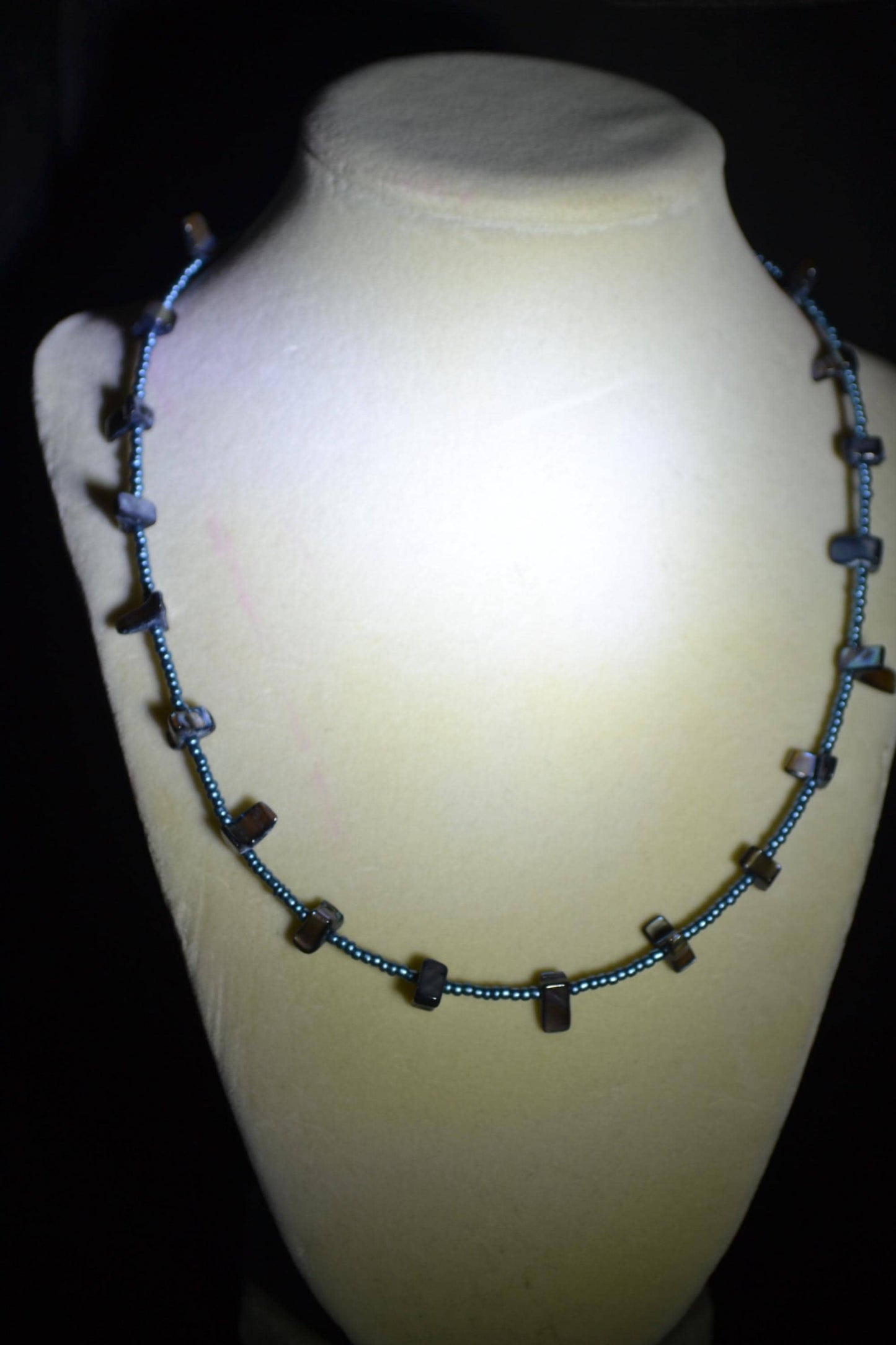 Multicolor glass bead necklace. Abalone and metallic blue