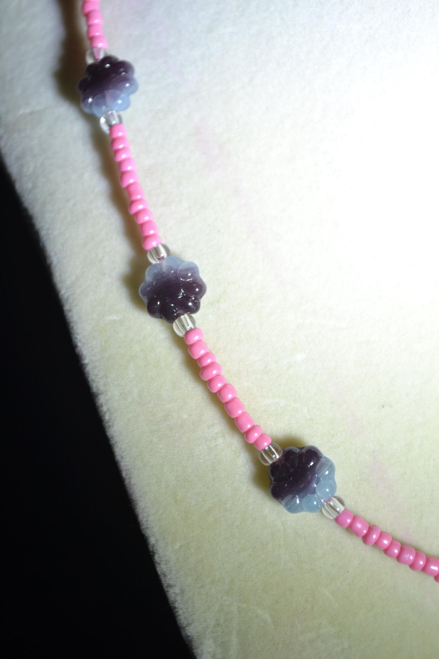 Multicolor glass bead necklace. Cornflower and pink