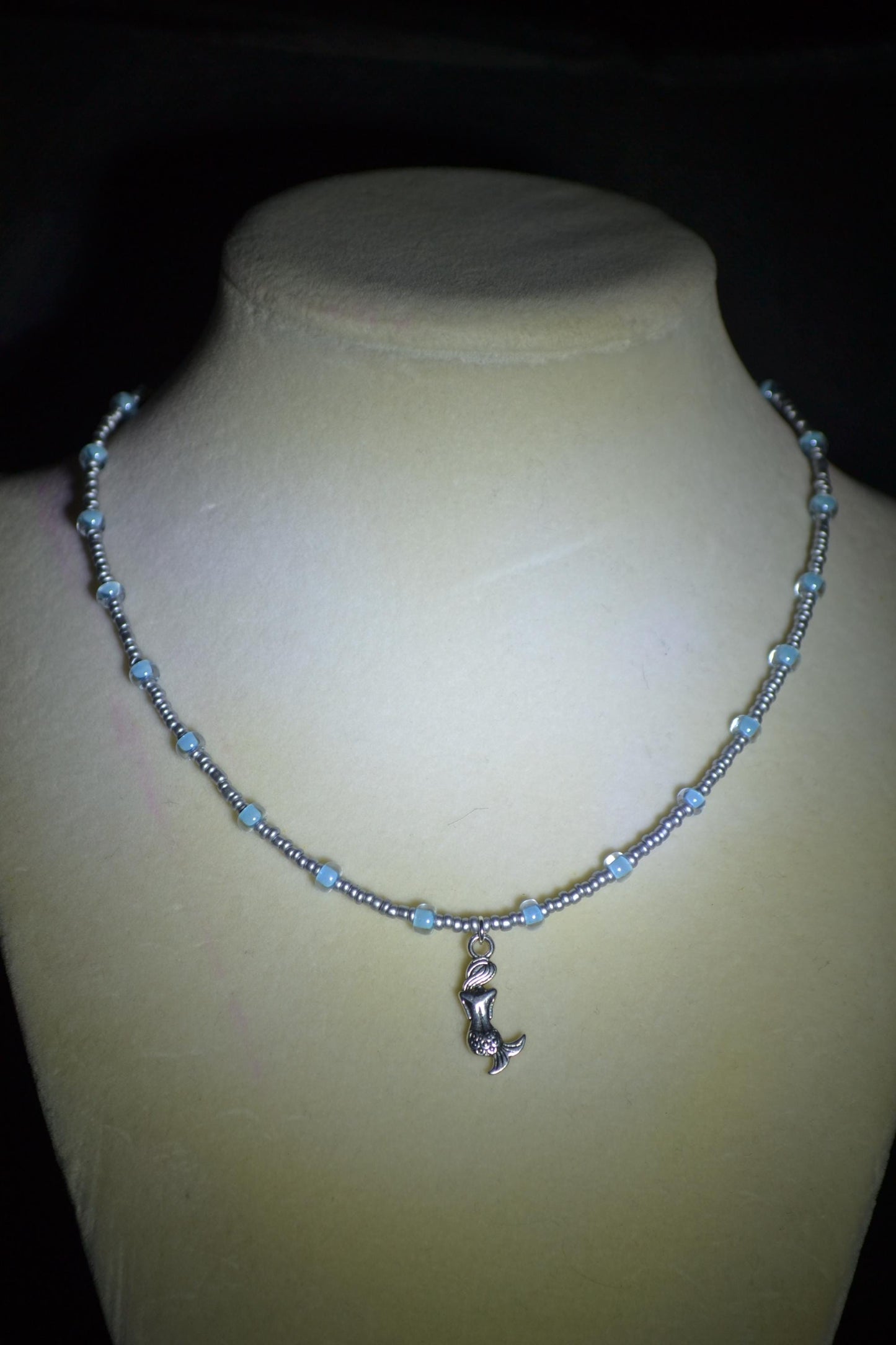 Mermaid pendant glass bead choker. Silver and blue