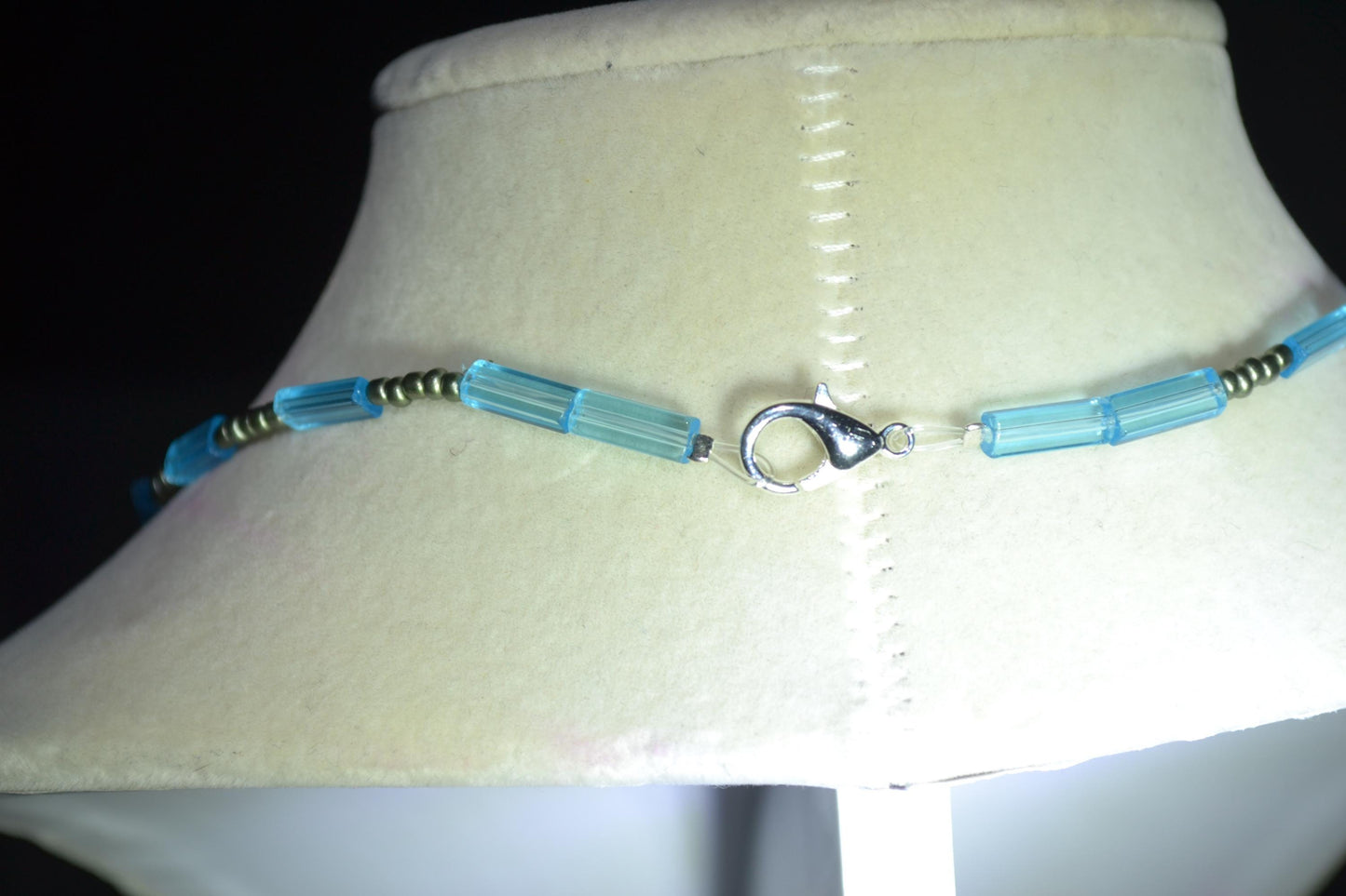 Wire wrapped sharks tooth beaded choker. Blue and silver