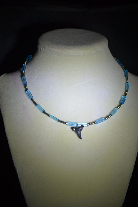 Wire wrapped sharks tooth beaded choker. Blue and silver