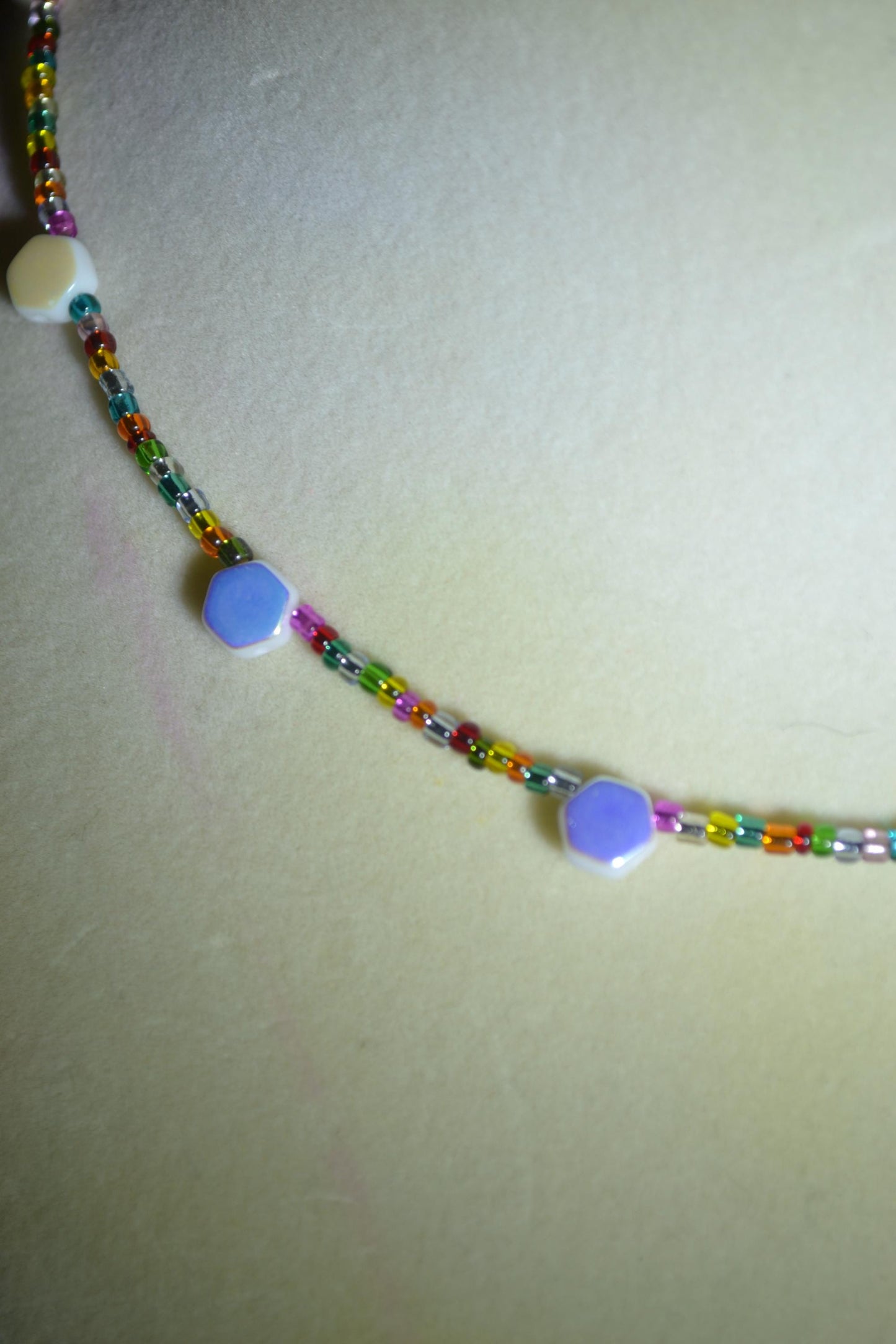 Multicolor glass bead necklace. Reversible rainbow