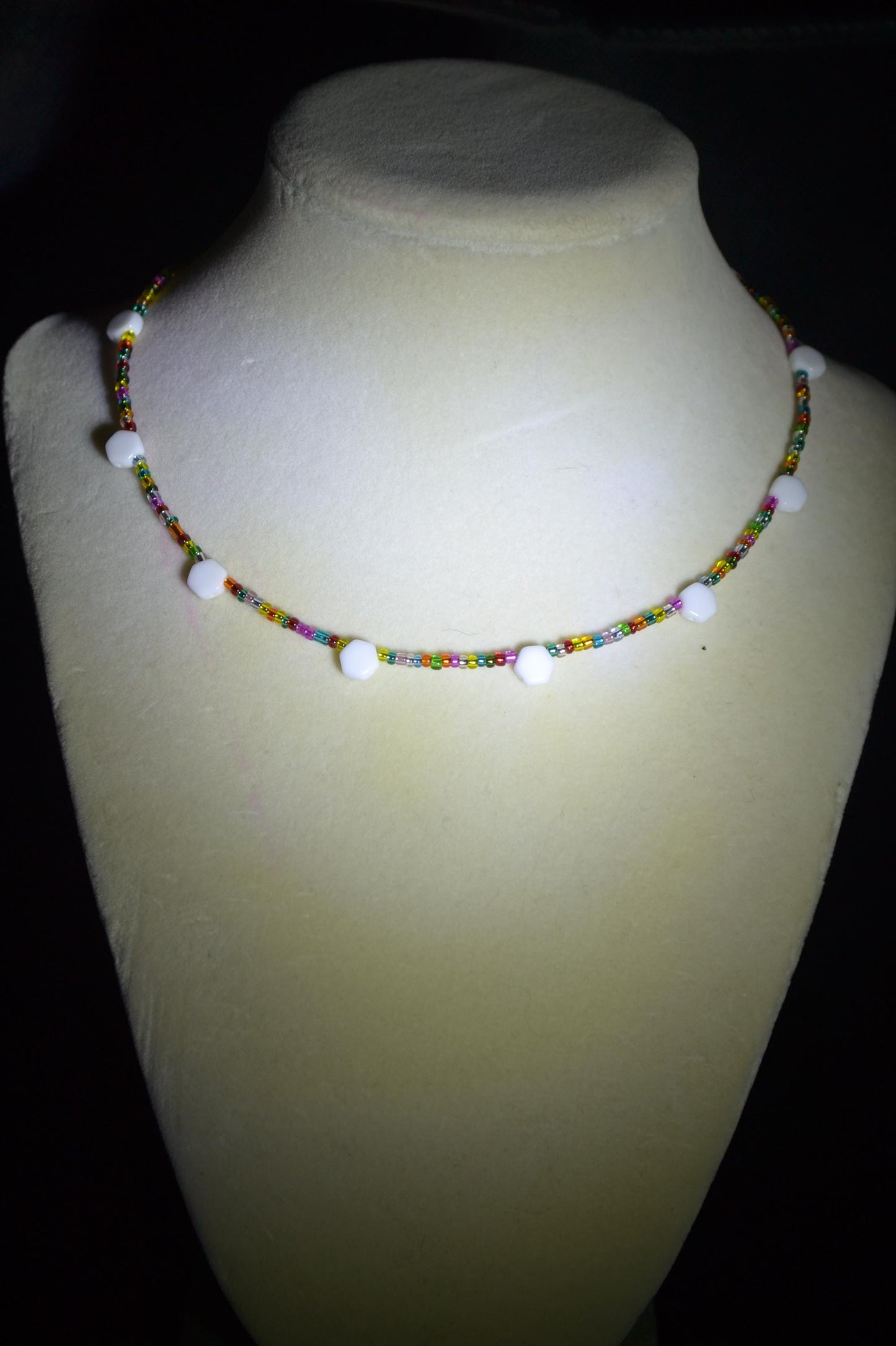 Multicolor glass bead necklace. Reversible rainbow
