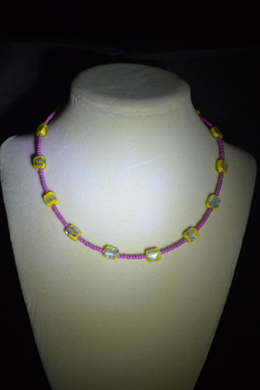 Multicolor glass bead necklace. Yellow, silver, and berry