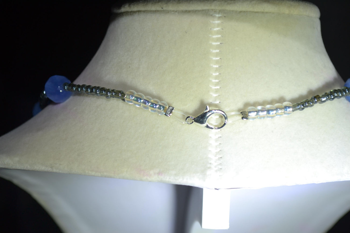 Multicolor glass bead necklace. Blue and metallic grey