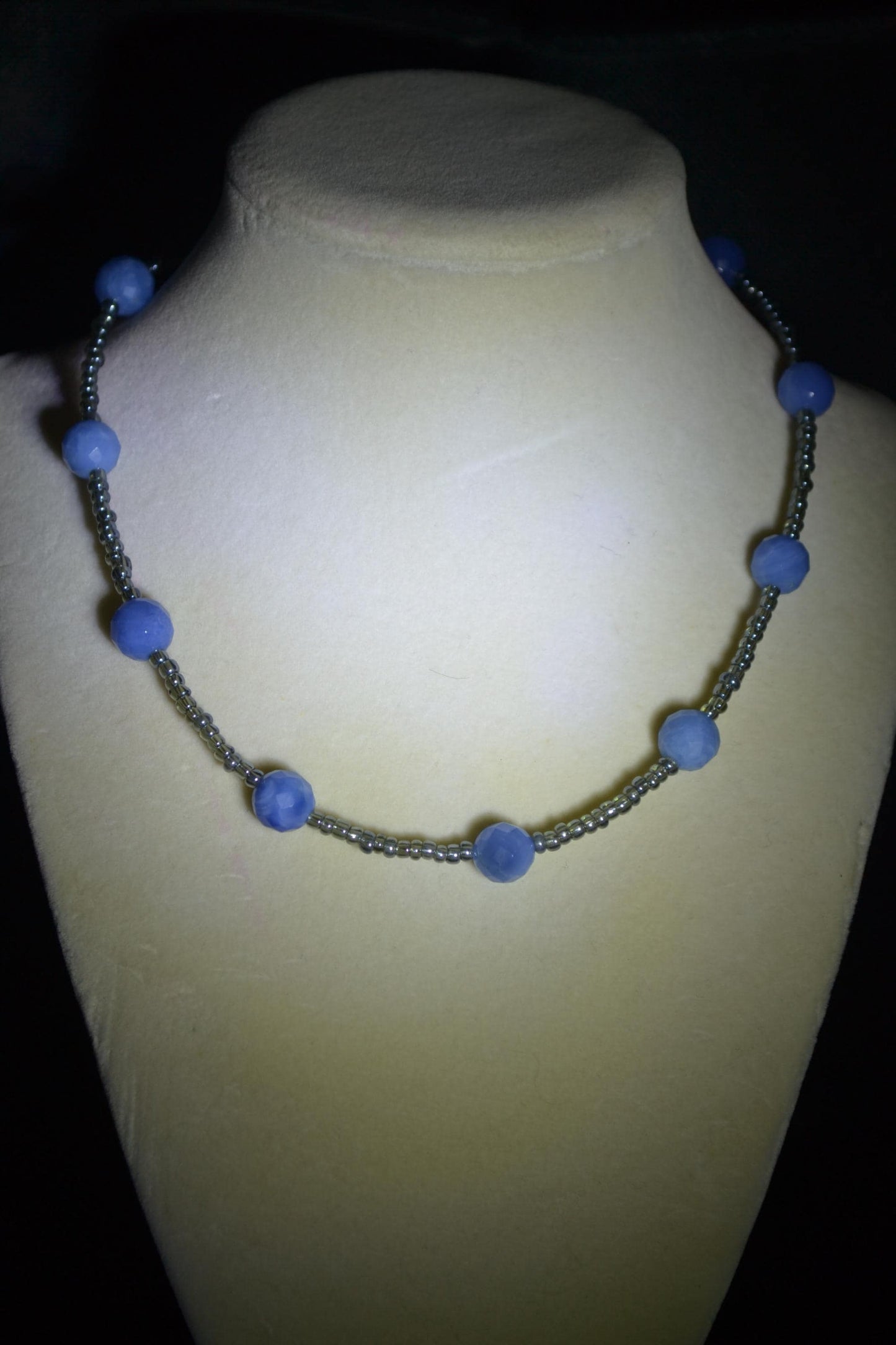 Multicolor glass bead necklace. Blue and metallic grey