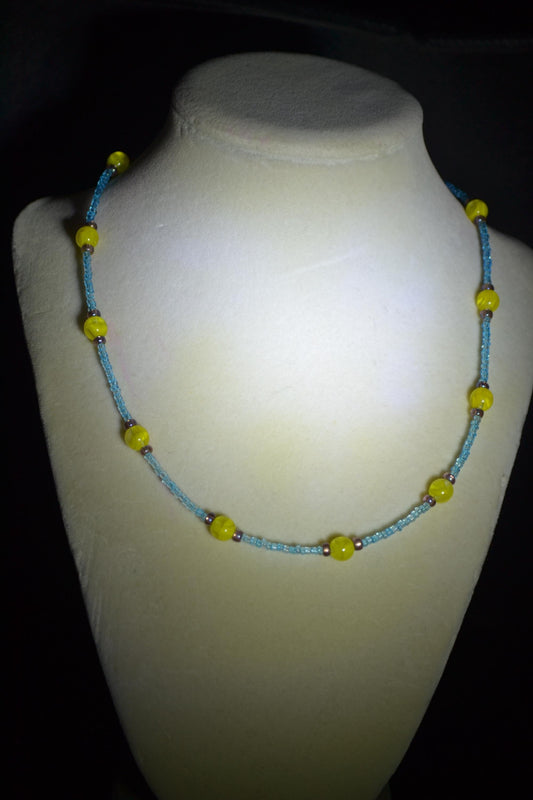 Multicolor glass bead necklace. Yellow, blue, and purple