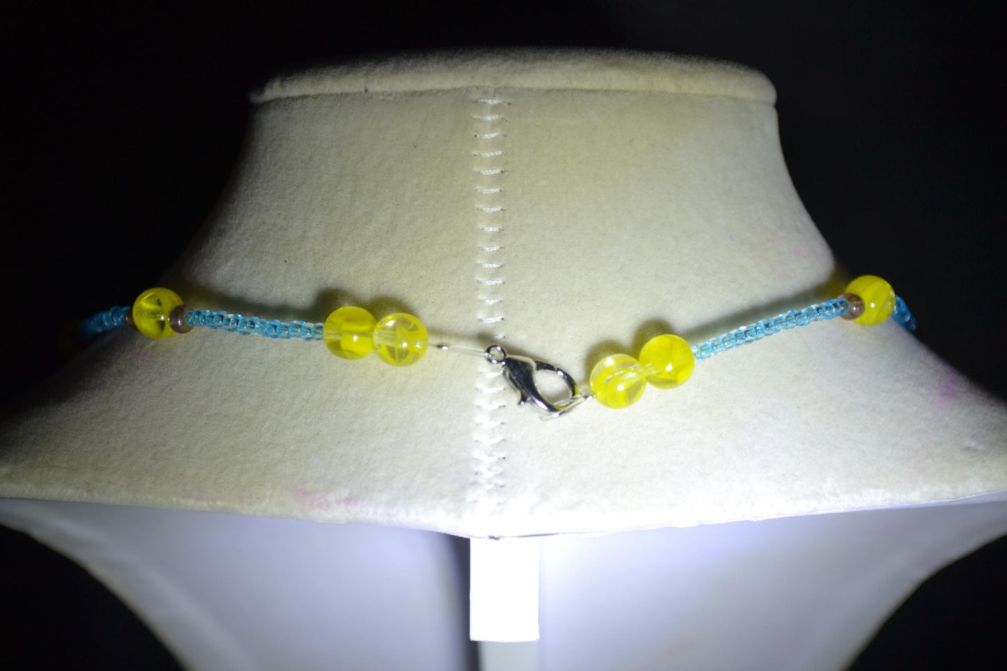 Multicolor glass bead necklace. Yellow, blue, and purple