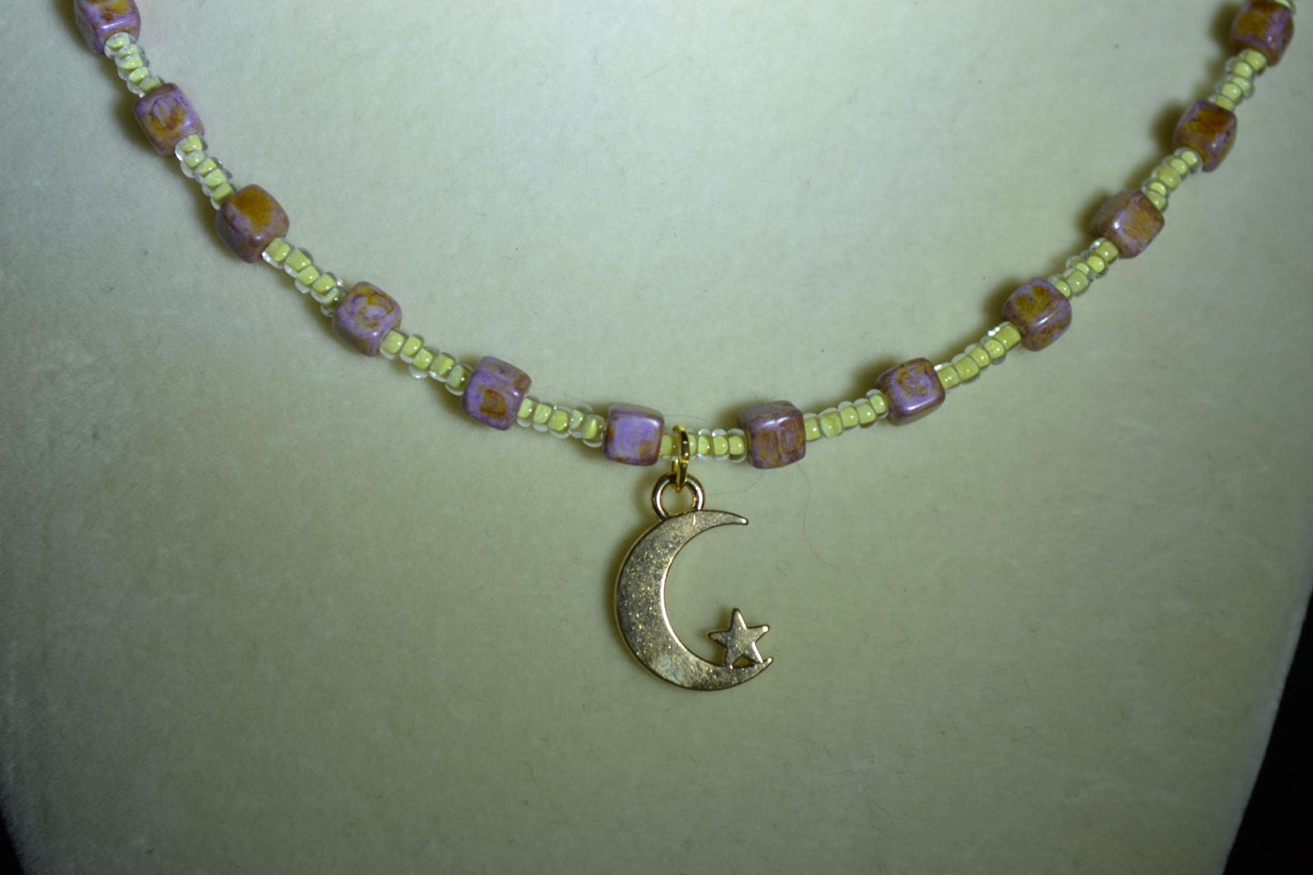 Moon and star pendant glass bead necklace. Purple and yellow